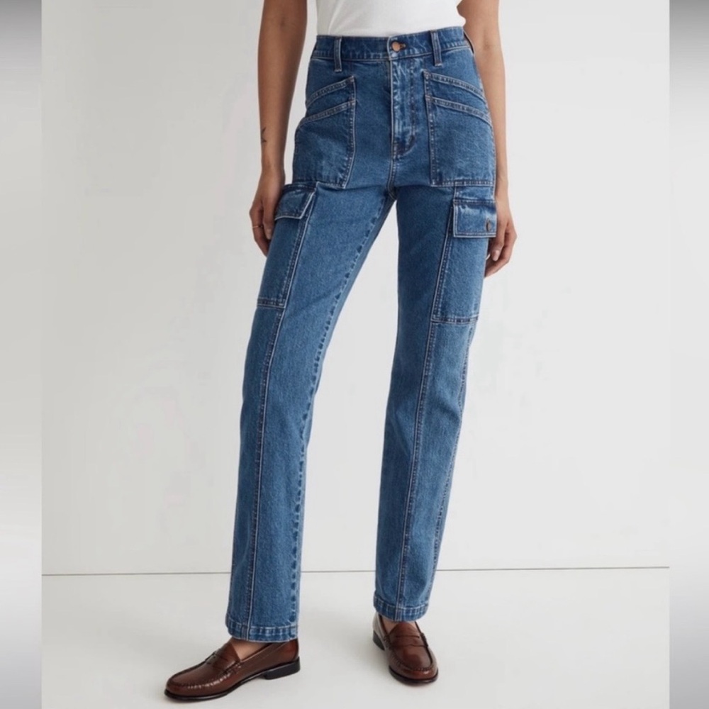 Madewell 90s Straight Cargo Jeans Women's Blue Denim High Rise ✨NWOT 28